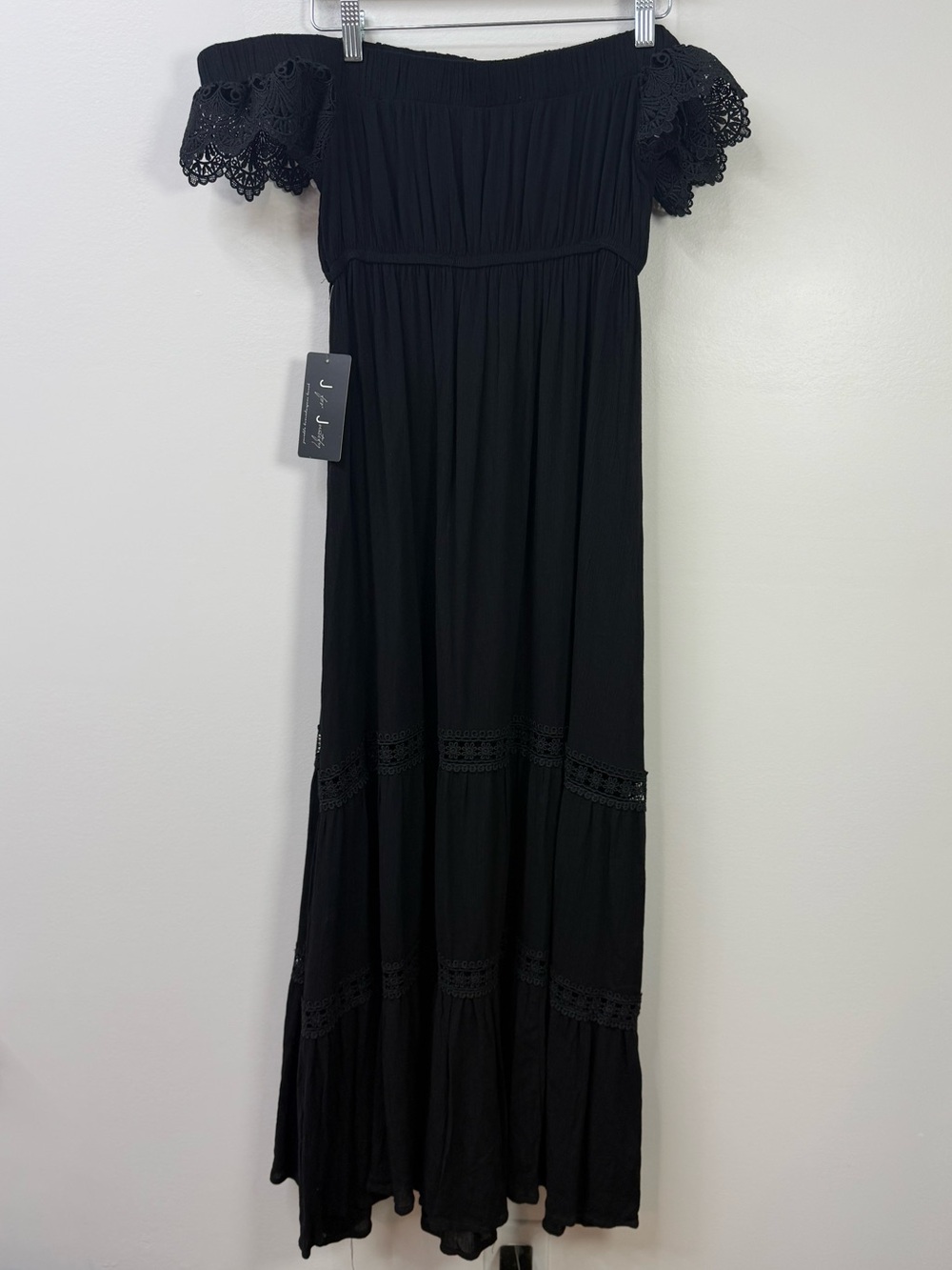 J for Justify Black off the Shoulder Maxi Dress with Crochet Trim Size M - Picture 3 of 10